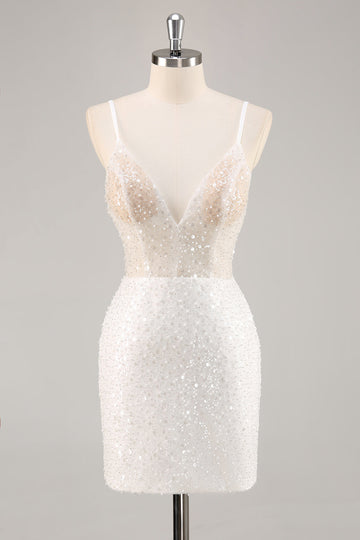 Sparkly White Sequins Bodycon V Neck Mini Graduation Dress